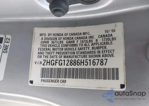 2006 Honda Civic Ex z USA, uszkodzony, nr VIN 2HGFG12886H516787